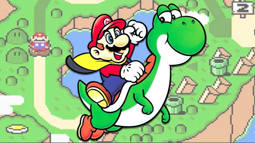 Mario riding Yoshi from the Nintendo Entertainment System's box art for Super Mario World with the world map in the background.