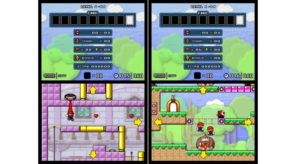 Two side-by-side screenshots from Mario vs. Donkey Kong 2: March of the Minis.