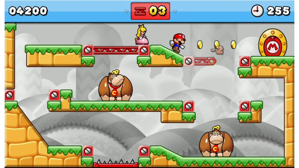 A screenshot from Mario vs. Donkey Kong: Tipping Stars, showing Mario navigating a level.