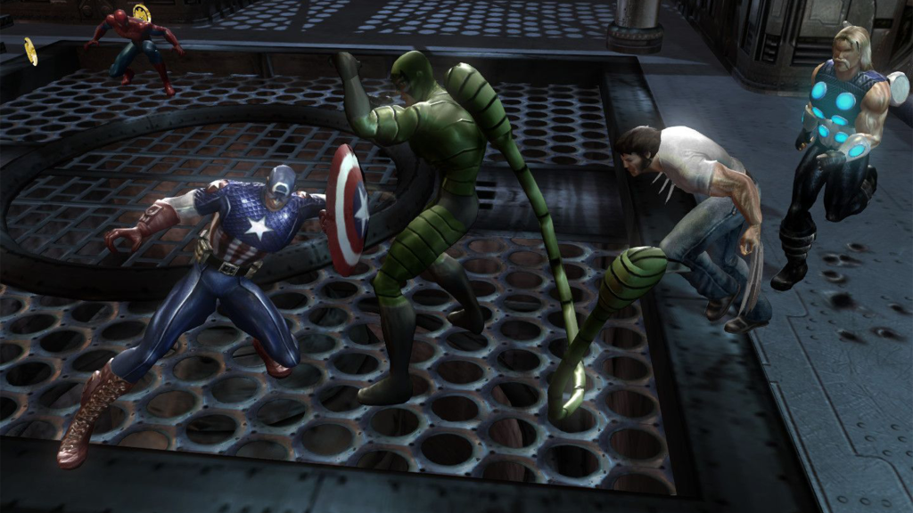 Captain America, Spider-Man, Wolverine, and Thor fighting Scorpion in Marvel Ultimate Alliance.