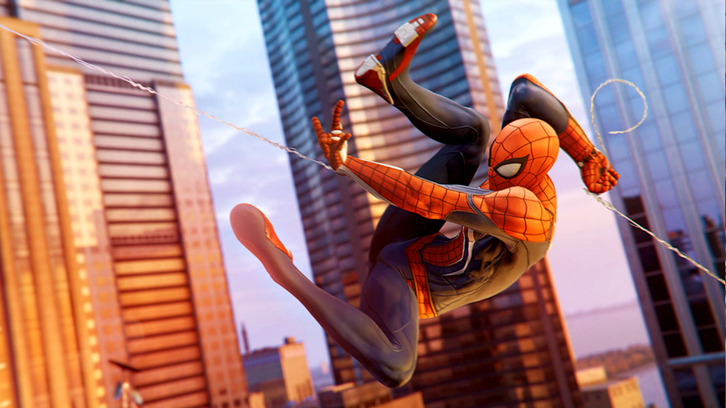 Spider-Man swinging through the city in Marvel's Spider-Man.