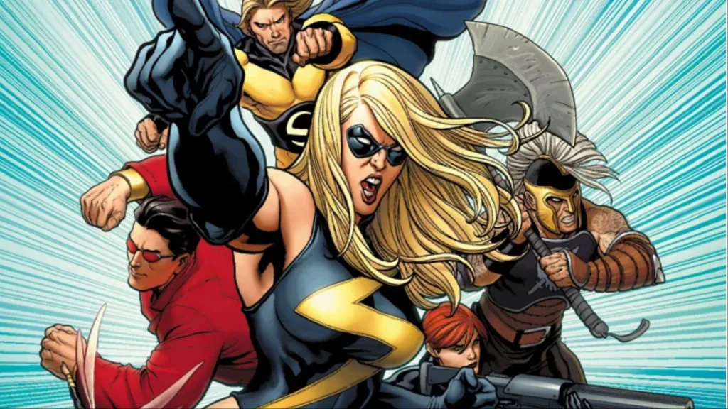 Sentry, Ares, Black Widow, Ms. Marvel, and Wonder Man rushing forward for battle