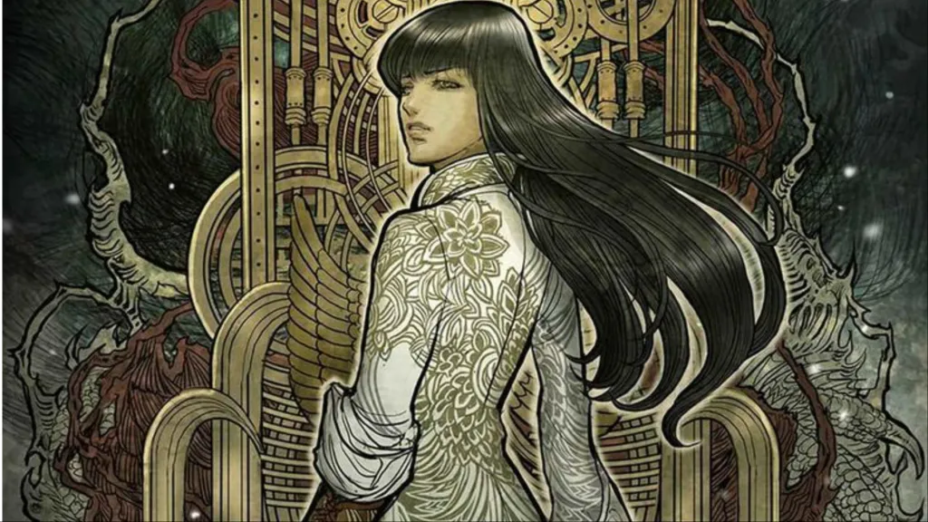 Maika Halfwolf standing in front of an ornate tower