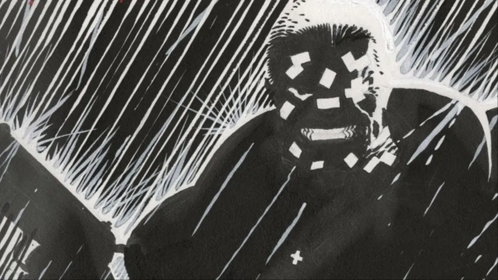 Marv standing in the rain holding a gun