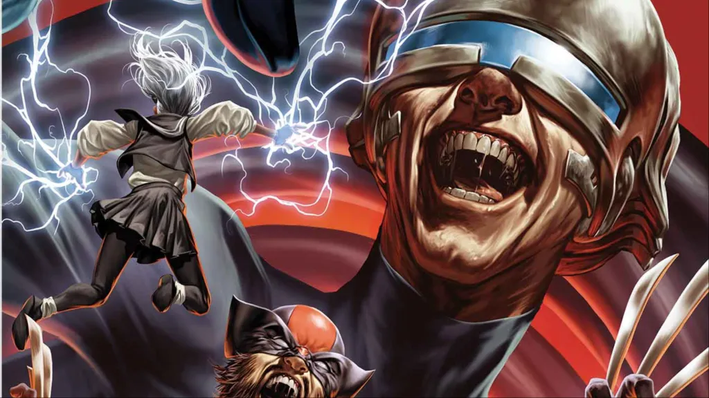 The Maker laughing as Maystorm attacks while Ultimate Wolverine roars