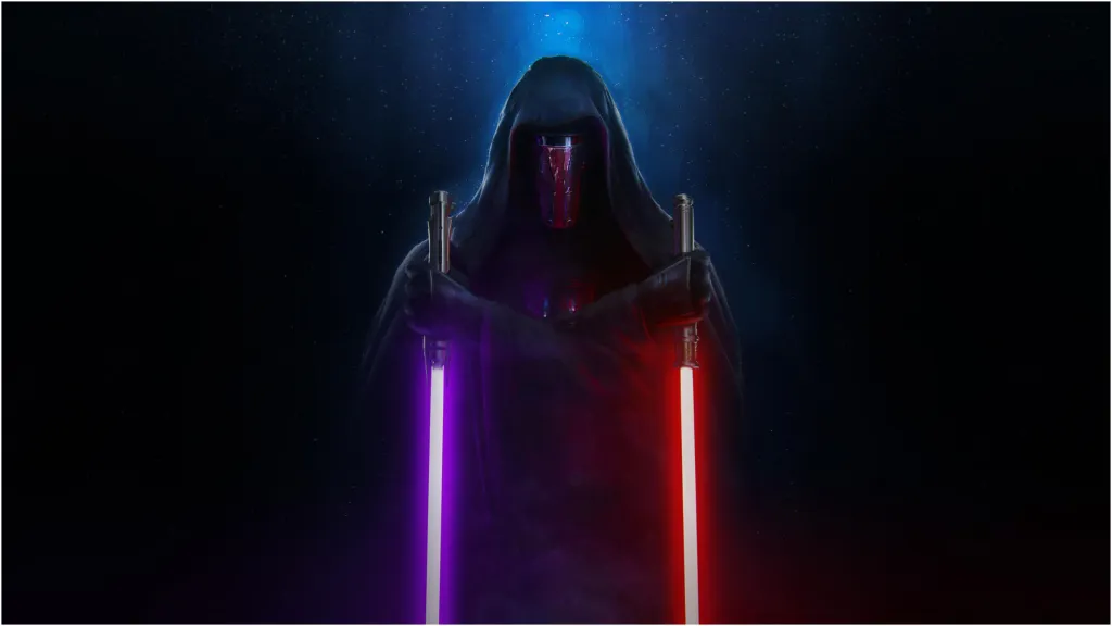 Darth Revan holding his purple and red lightsabers