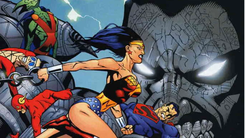 Superman, Wonder Woman, the Flash, Plastic Man, and Martian Manhunter battling a titanic villain