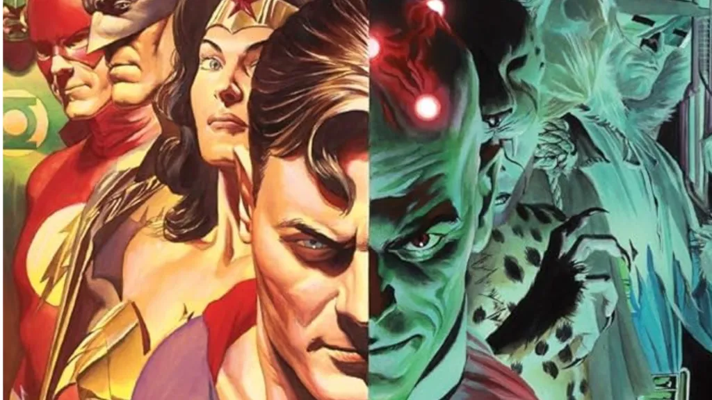 Green Lantern, the Flash, Batman, Wonder Woman, and Superman next to Brainiac, Cheetah, Scarecrow, and Captain Cold