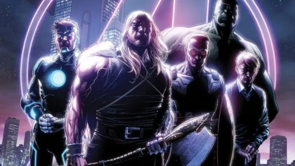 Iron Man, Thor, Sam Wilson Cap, Hulk, and Steve Rogers standing in shadows