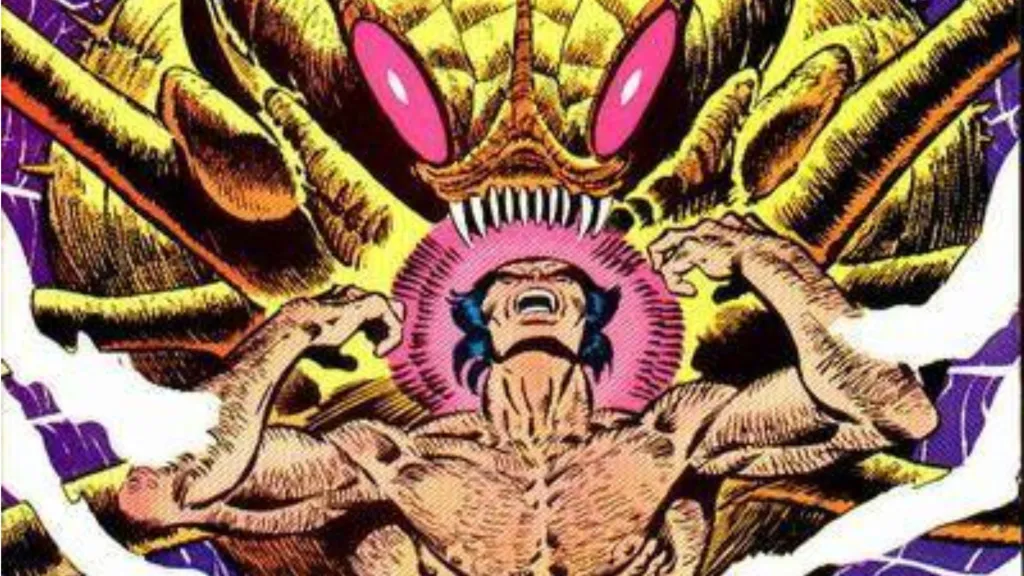 A Brood Queen behind a yelling Wolverine