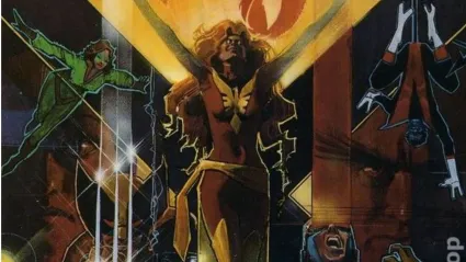 Dark Phoenix surrounded by Kitty Pryde, Wolverine, Cyclops, and Nightcrawler