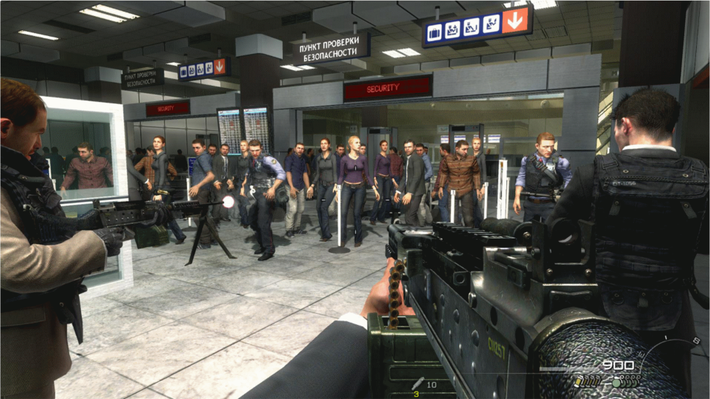 The "No Russian" mission from Call of Duty Modern Warfare 2, showing guns in an airport full of civilians right before a massacre.