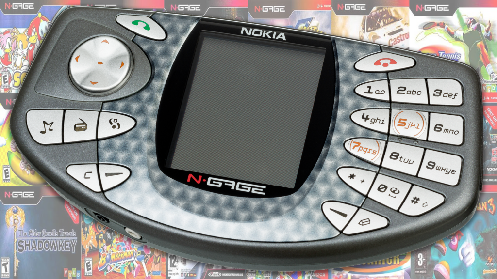 The Nokia N-Gage over a backdrop of box art from its game library.