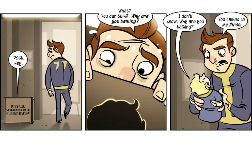 Three panels from One Man, and a Crate of Puppets, showing the lone Vault Dweller talking to a puppet.
