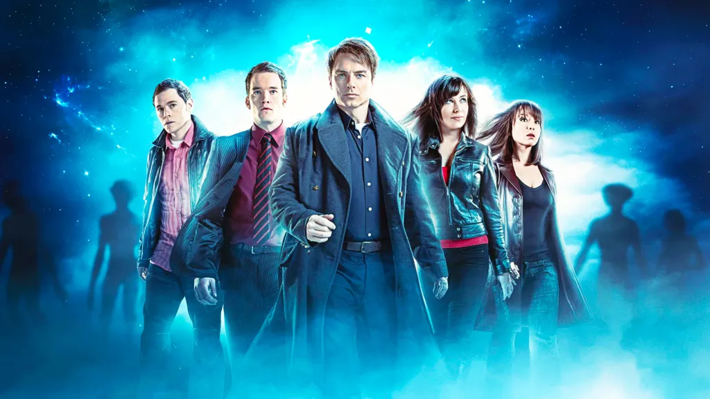 Owen, Ianto, Jack, Gwen, and Tosh in Torchwood
