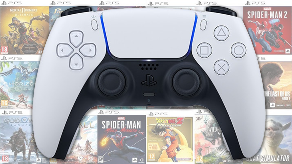 The PlayStation 5's controller over a backdrop of PS5 game box art.
