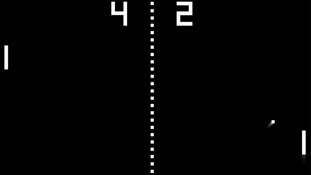 A screenshot from Pong, showing two paddles playing tennis.