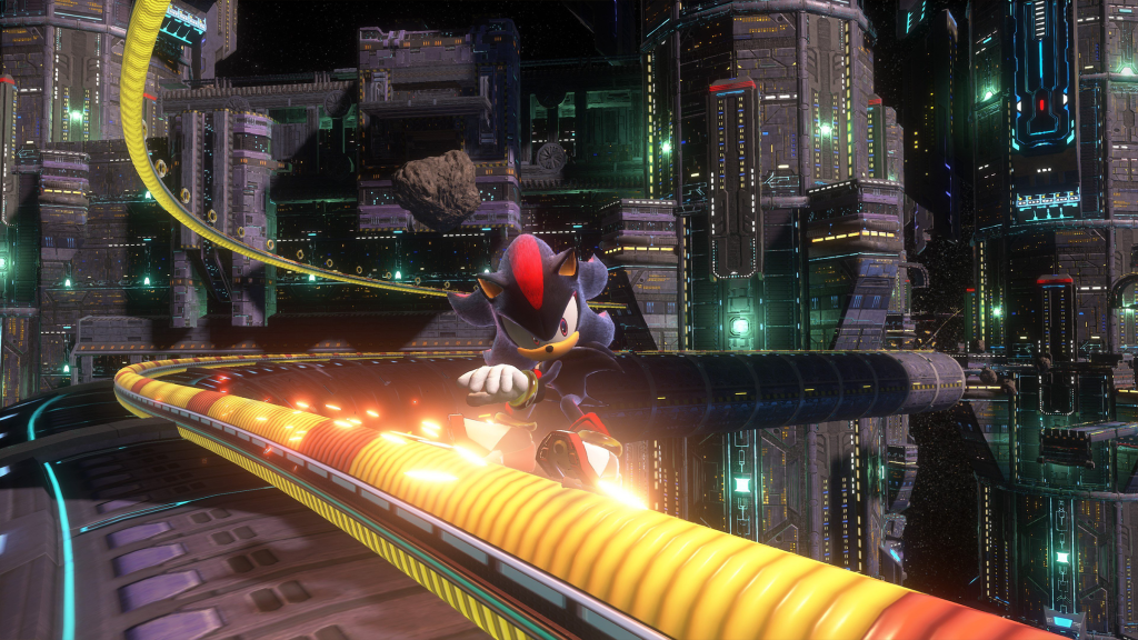 A screenshot from Shadow Generations, showing Shadow sliding along a track.