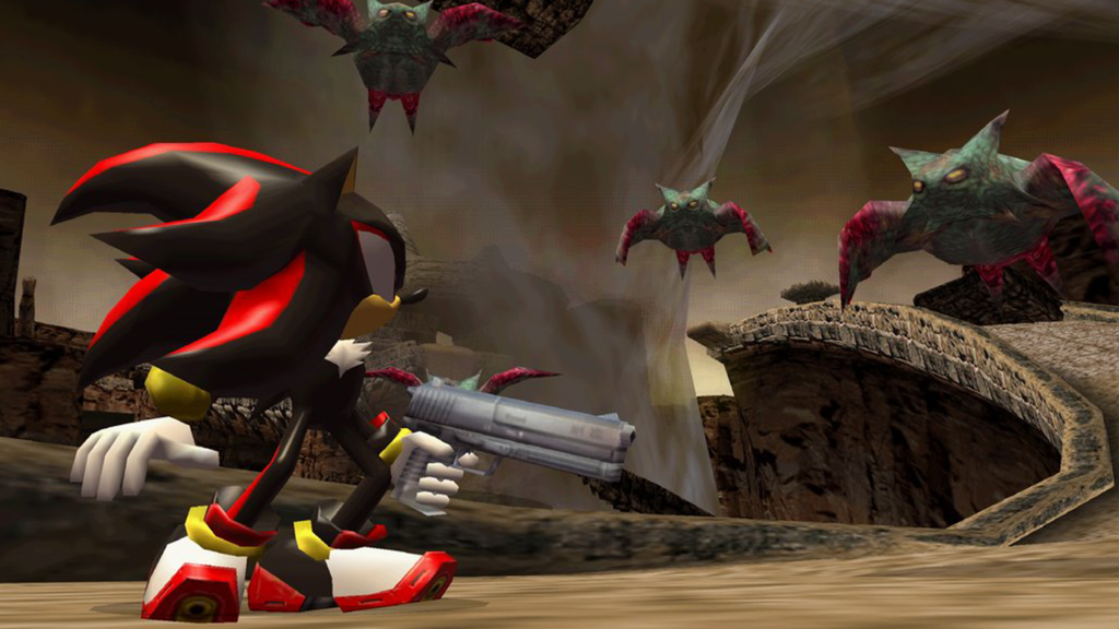 A screenshot from Shadow the Hedgehog, showing Shadow holding a pistol as enemies approach.