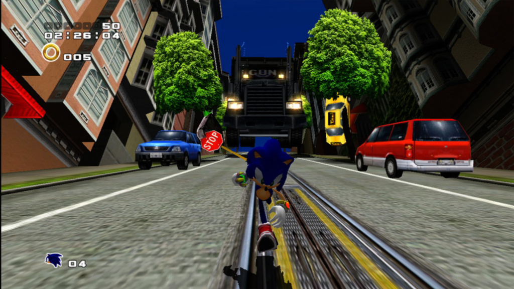 A screenshot from Sonic Adventure 2, showing Sonic running down a road.