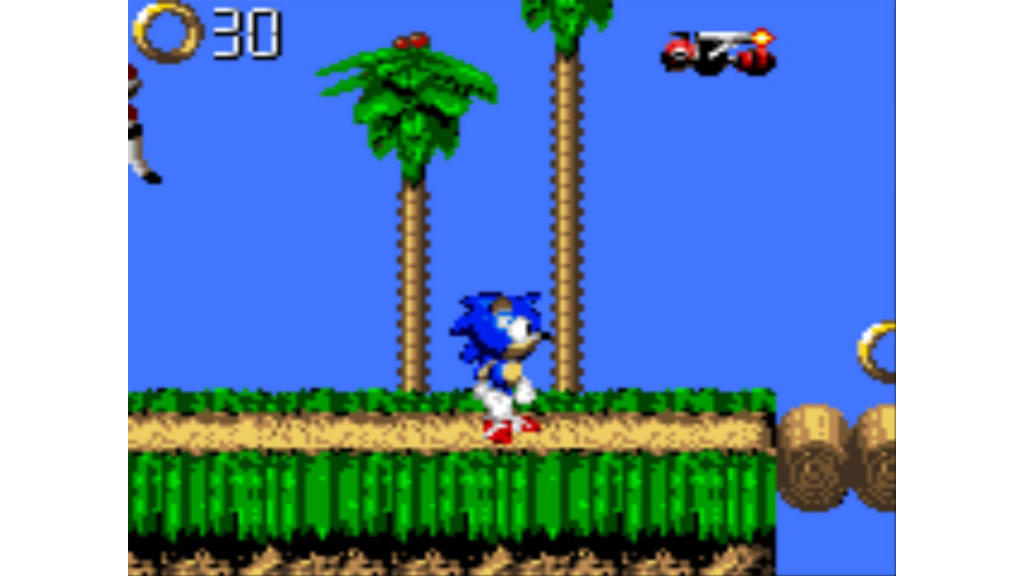 A screenshot from Sonic Blast, showing Sonic on a platform looking at a log bridge.