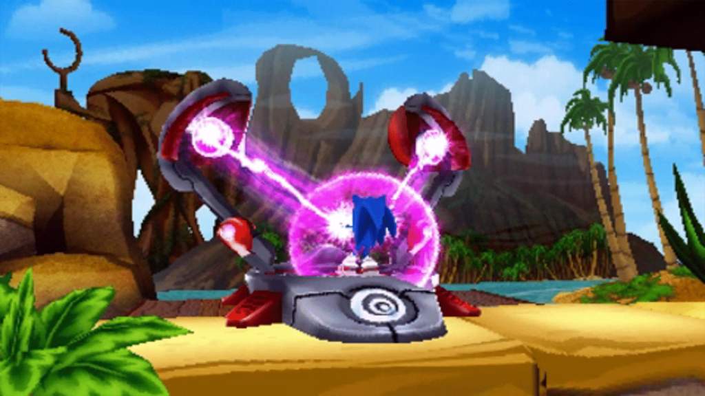 A screenshot from Sonic Boom: Shattered Crystal, showing Sonic being blasted by pink energy.