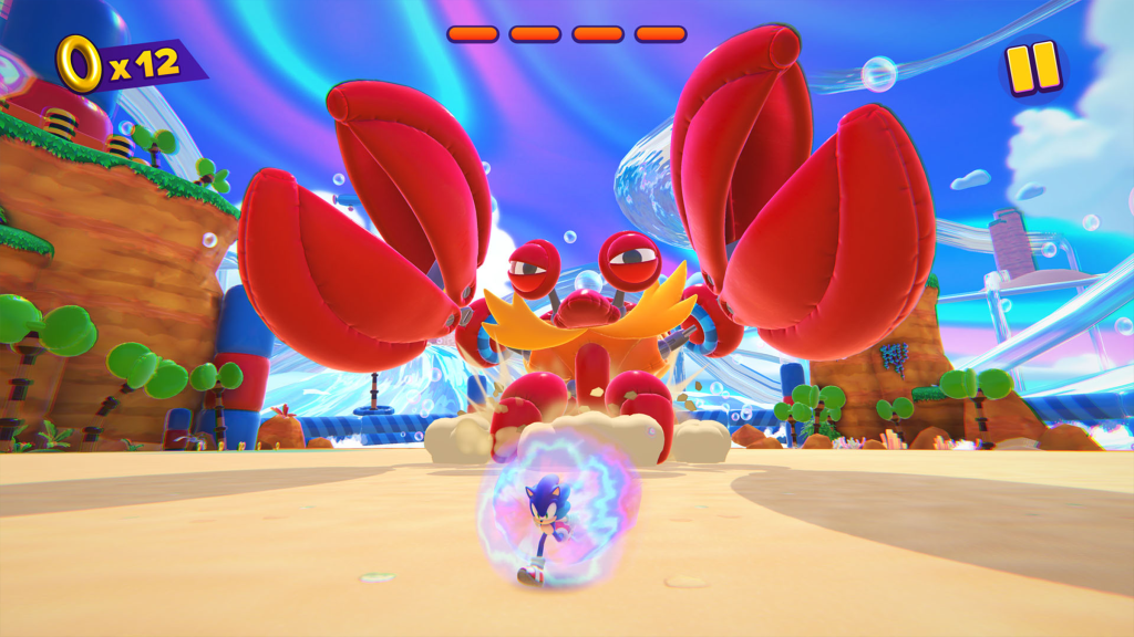 A screenshot from Sonic Dream Team, showing Sonic running from a gigantic, red crab.