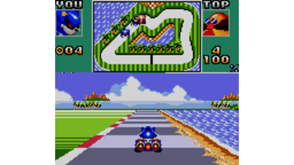 A Screenshot from Sonic Drift 2, showing Sonic in the lead.