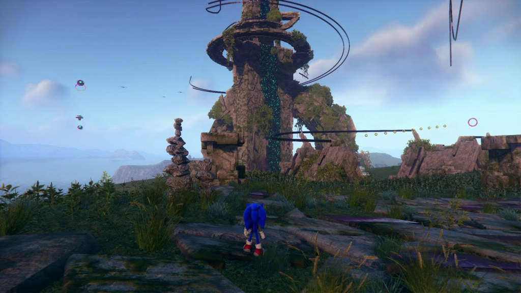 A screenshot from Sonic Frontiers, showing Sonic looking at a large rock formation.