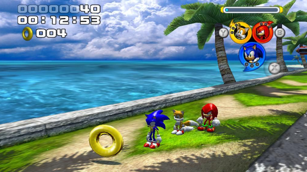 A screenshot from Sonic Heroes, showing Sonic and friends standing by the water.