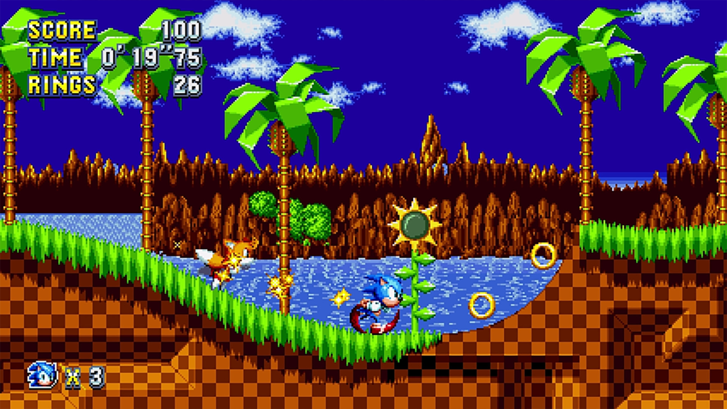 A screenshot from Sonic Mania, showing Sonic running through the hills with Tails in tow.