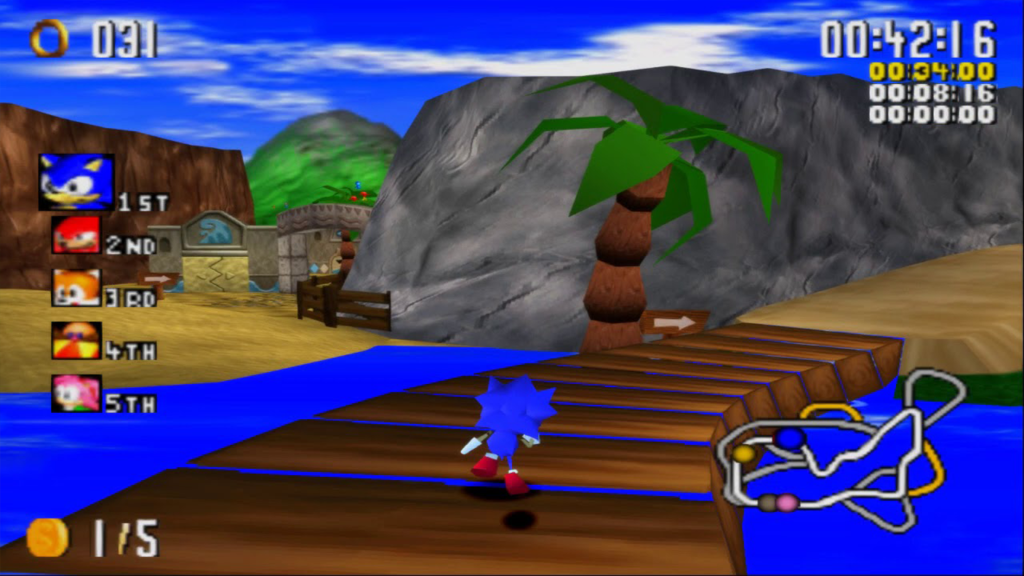 A screenshot from Sonic R, showing Sonic running across a bridge.