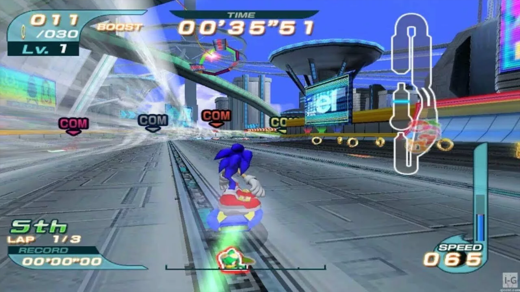 A screenshot from Sonic Riders, showing Sonic riding down a track.