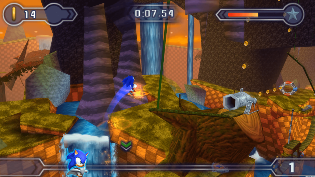 A screenshot from Sonic Rivals 2, showing Sonic jumping over a waterfall.