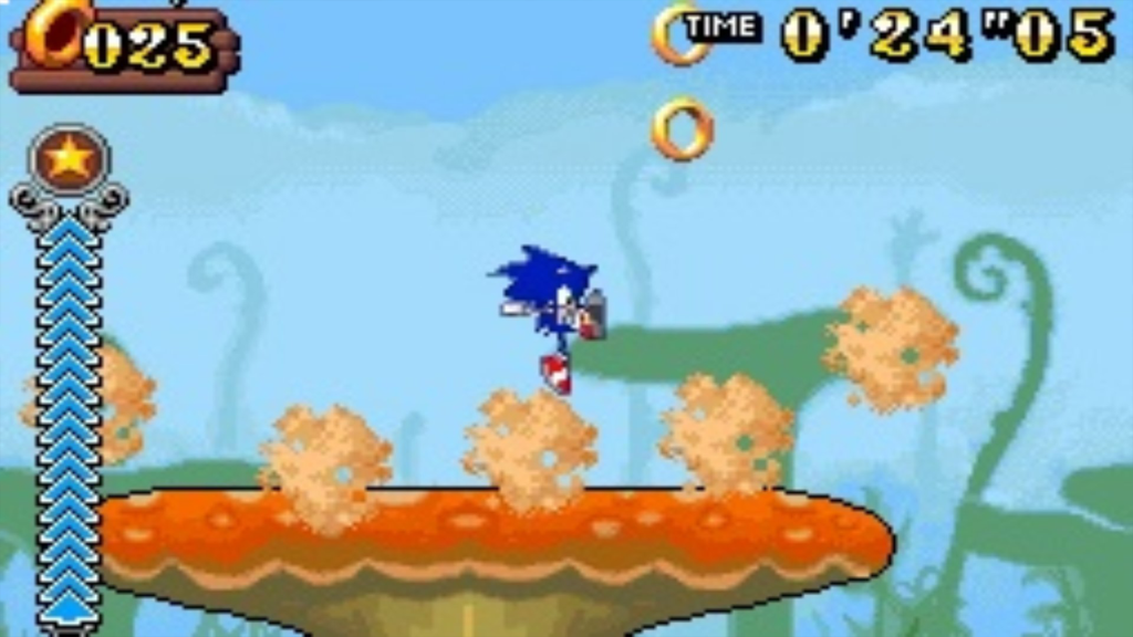 A screenshot from Sonic Rush Adventure, showing Sonic jumping on a toadstool.