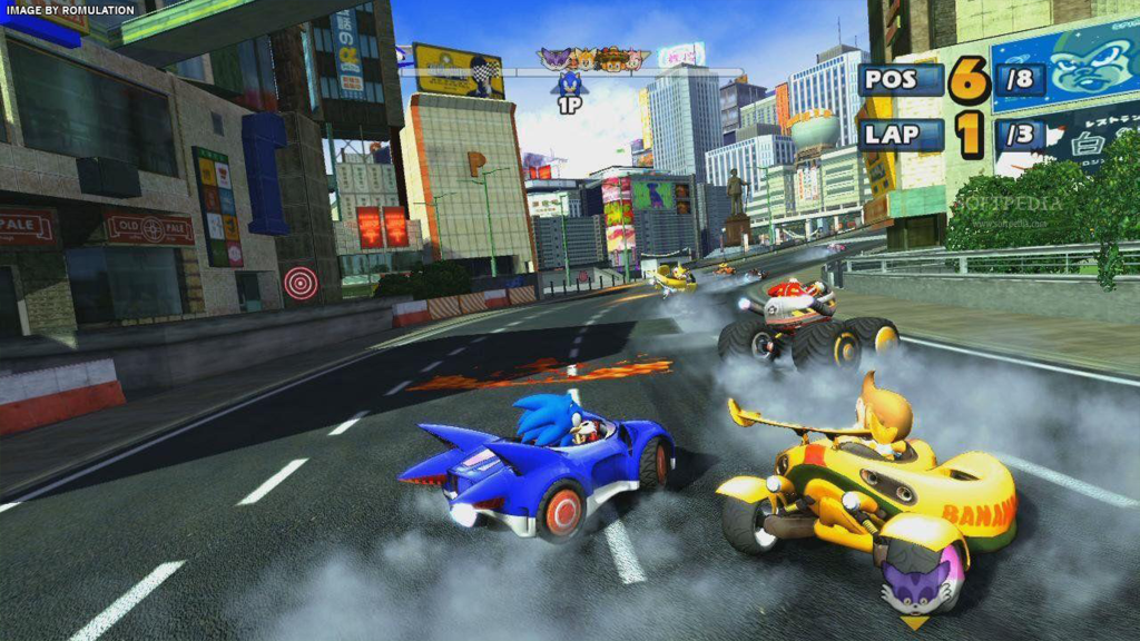 A screenshot from Sonic & Sega All-Stars Racing, showing Sonic and other racers going down a track.