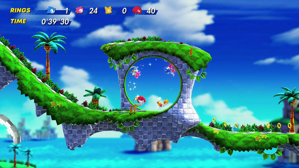 A screenshot from Sonic Superstars, showing four characters running through a loop.