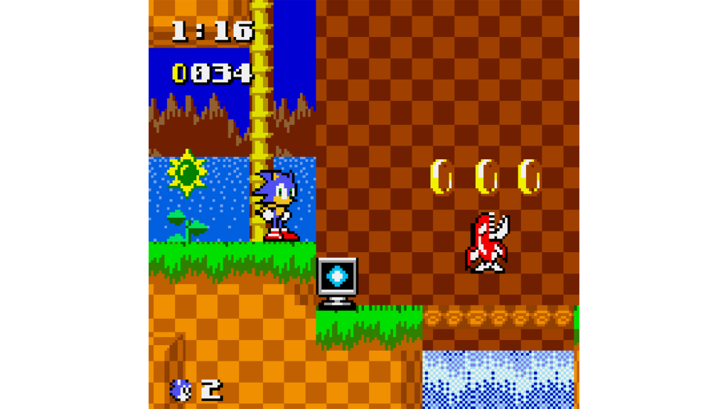 A screenshot from Sonic the Hedgehog Pocket Adventure, showing Sonic standing on a hill.