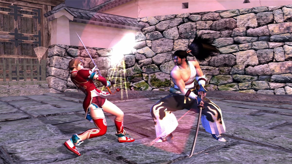 A screenshot from SoulCalibur II, showing two fighters wielding swords.