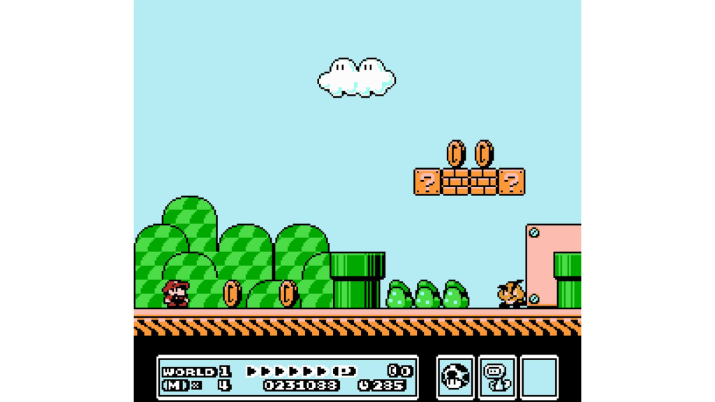 A screenshot from Super Mario Bros. 3 on the Nintendo Entertainment System.