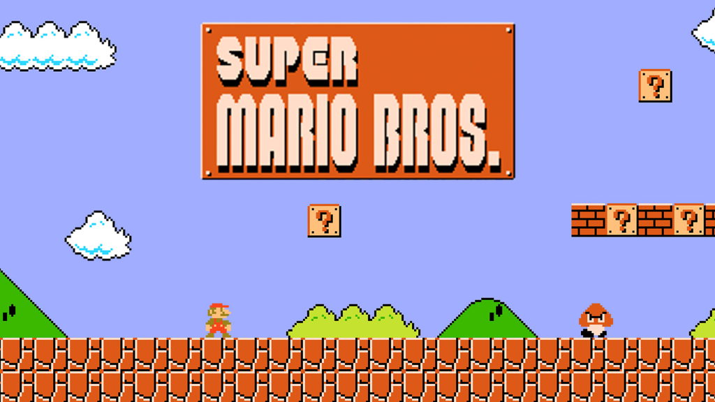 A screenshot showing the title screen from Super Mario Bros. on the NES.