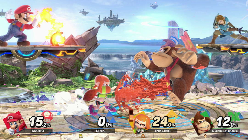 A screenshot from Super Smash Bros. Ultimate, showing several characters battling it out.