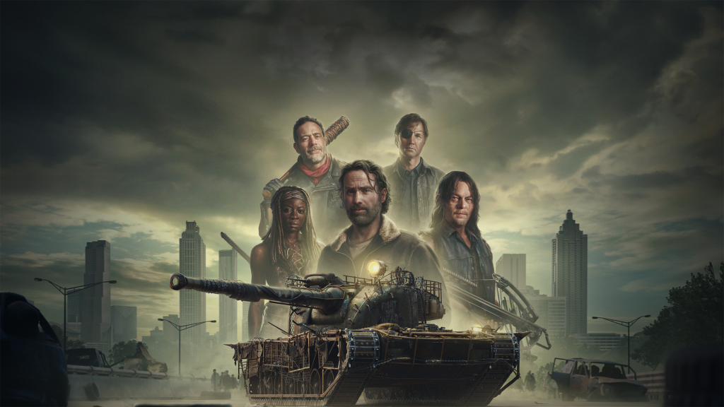 The world of The Walking Dead with five characters and a tank from World of Tanks.