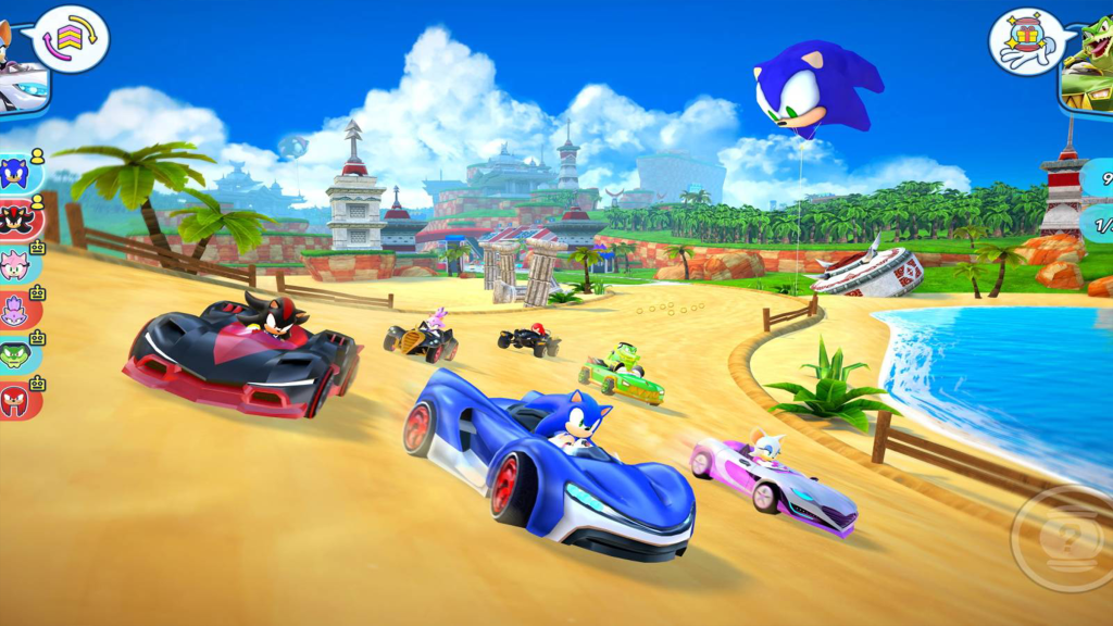 A screenshot from Team Sonic Racing, showing several racers going down a track.