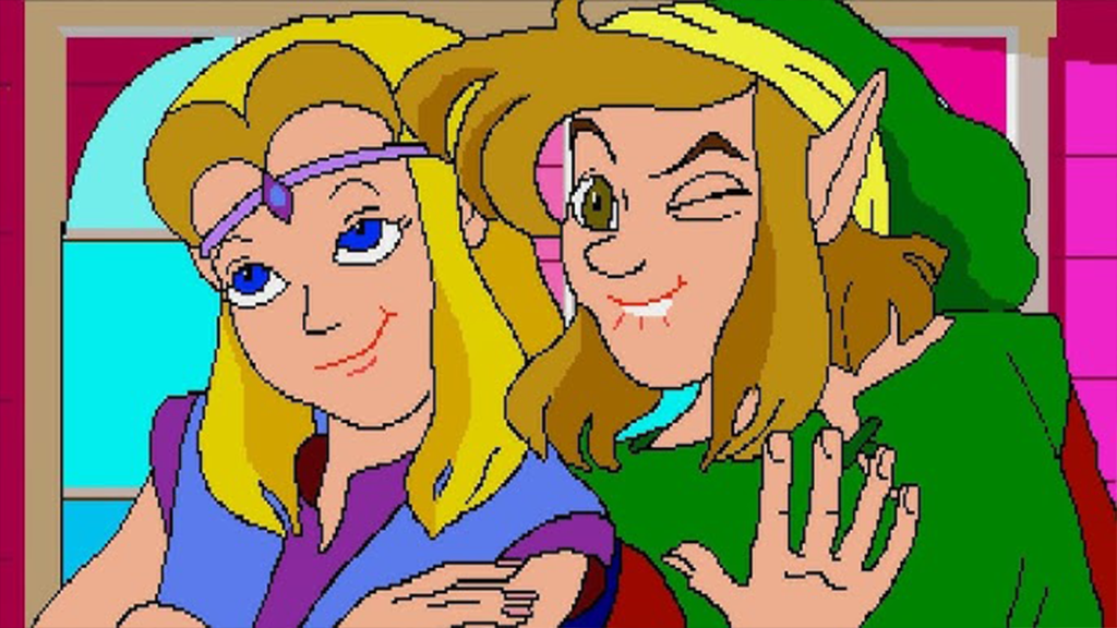 Zelda and Link snuggling in a screenshot from Link: The Faces of Evil & Zelda: The Wand of Gamelon.