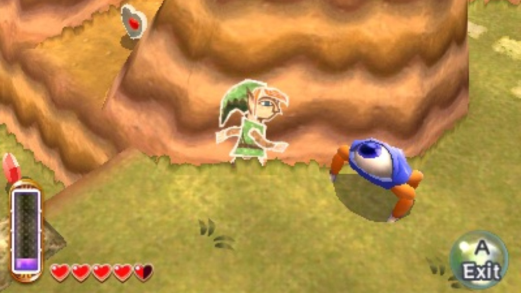 A screenshot from The Legend of Zelda: A Link Between Worlds, showing Link as a 2D painting on a wall while a one-eyed crab watches.