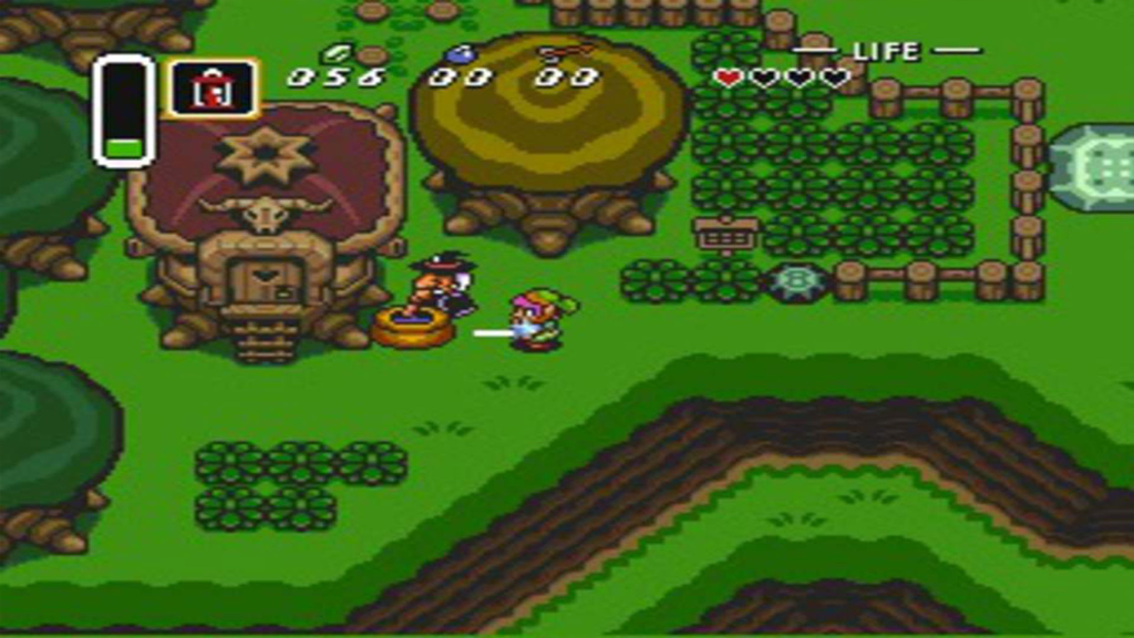 A screenshot from The Legend of Zelda: A Link to the Past, showing Link in the forest speaking to a witch.