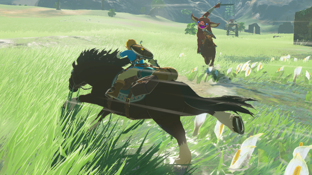 A screenshot from The Legend of Zelda: Breath of the Wild, showing Link on horseback fighting enemies in the grassy plains.