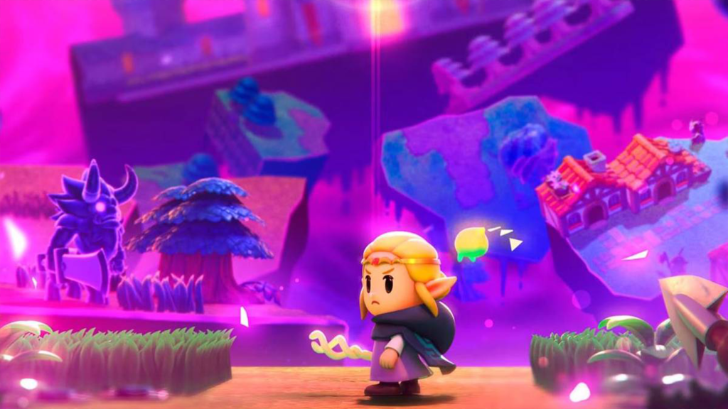 A screenshot from The Legend of Zelda: Echoes of Wisdom, showing Zelda amidst the calamity of the world.