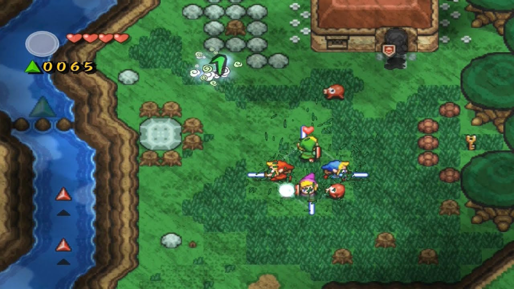 A screenshot from The Legend of Zelda: Four Swords Adventures, showing four players wielding their swords in the forest.